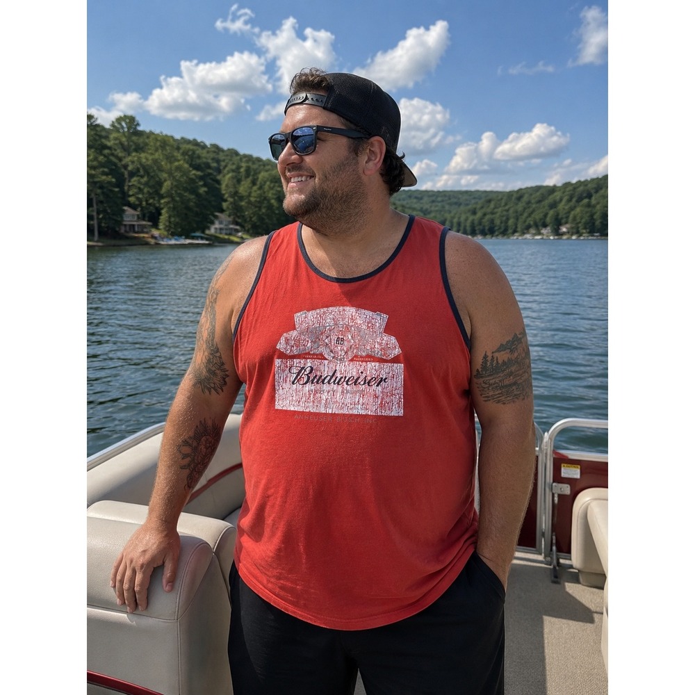 Budweiser Tank Top Mens 3XL Red‎ King of Beers Graphic Sleeveless Ringer Shirt